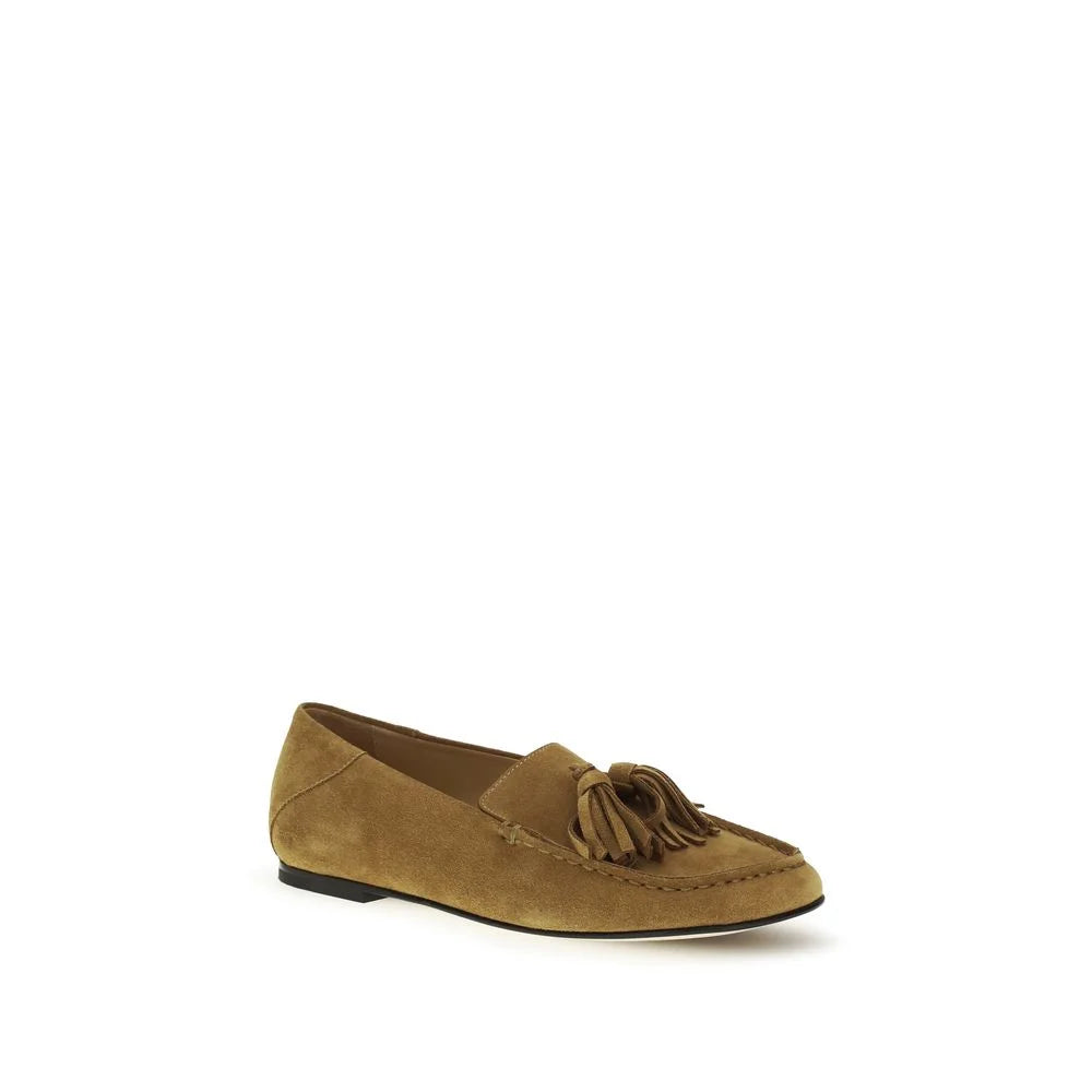 Side profile of Dear Frances beige leather loafers showing the slim sole and elegant low-profile heel construction.