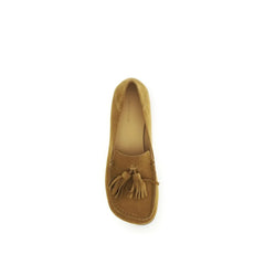Close-up of the premium beige calf leather texture and hand-finished apron stitching on Dear Frances slip-on loafers.