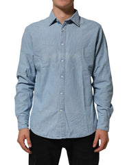 Deperlu Blue Denim Regular Fit Collared Long Sleeve Men Shirt - XL - Shirts