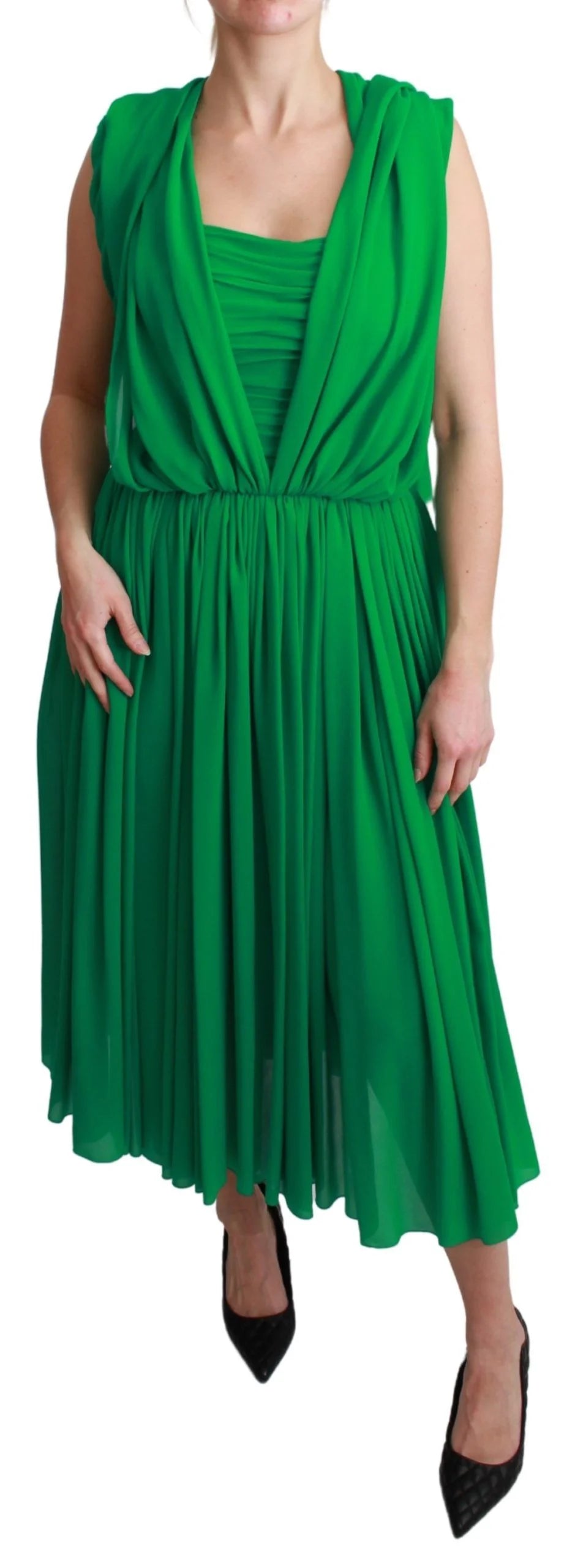 Dolce & Gabbana 100% Silk Green Sleeveless Pleated Maxi Dress - IT40|S - Dresses