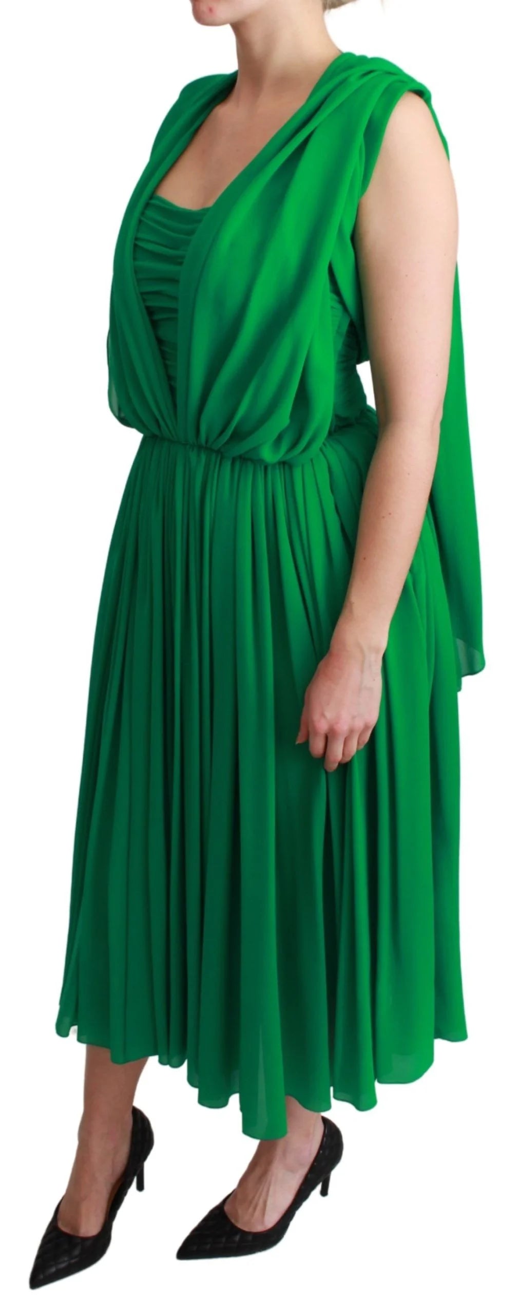 Dolce & Gabbana 100% Silk Green Sleeveless Pleated Maxi Dress - IT40|S - Dresses