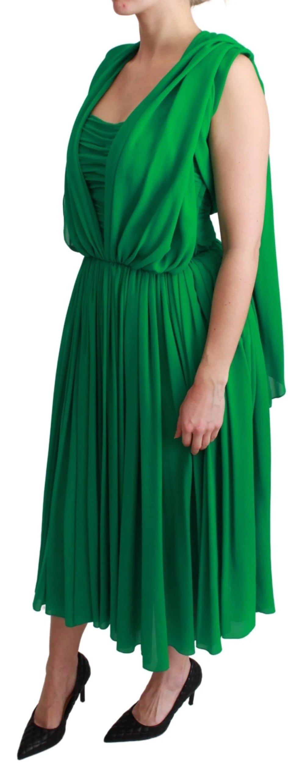Dolce & Gabbana 100% Silk Green Sleeveless Pleated Maxi Dress - IT40|S - Dresses