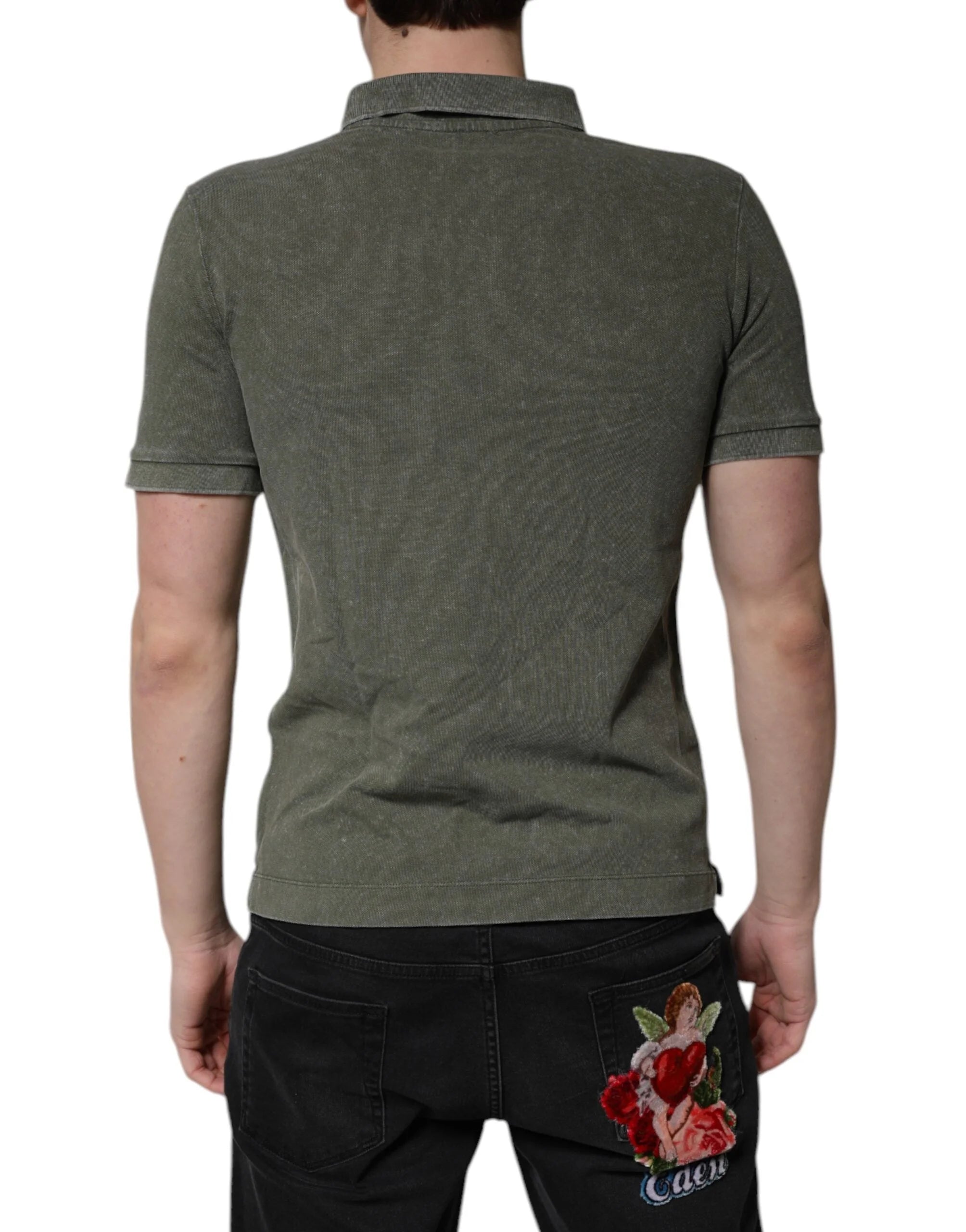 Dolce & Gabbana Army Green Logo Plaque Cotton Polo Shirt T-shirt - Polos