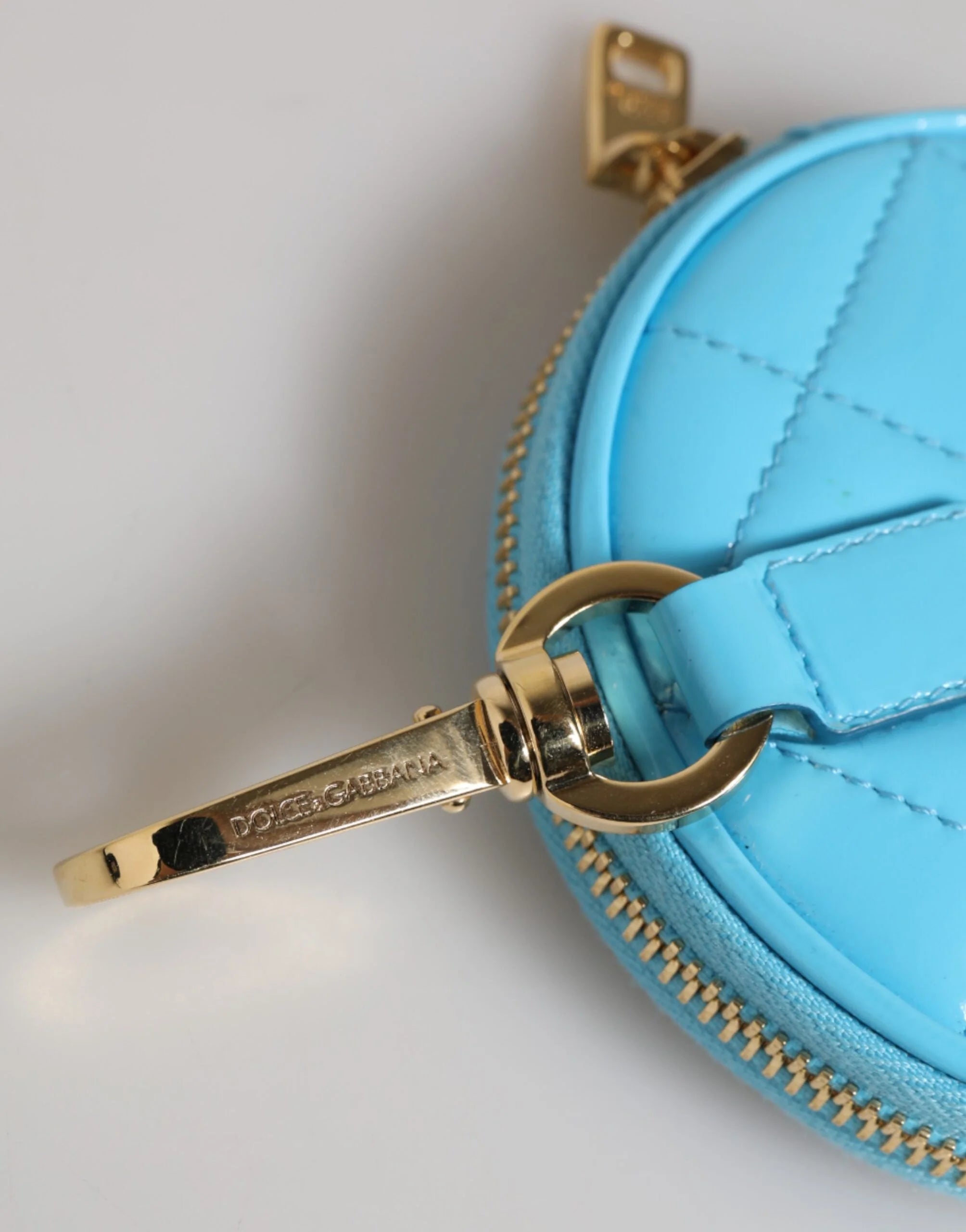 Dolce & Gabbana Azure Blue Leather Round Coin Purse Keychain Crystal Logo Wallet - Coin Purses