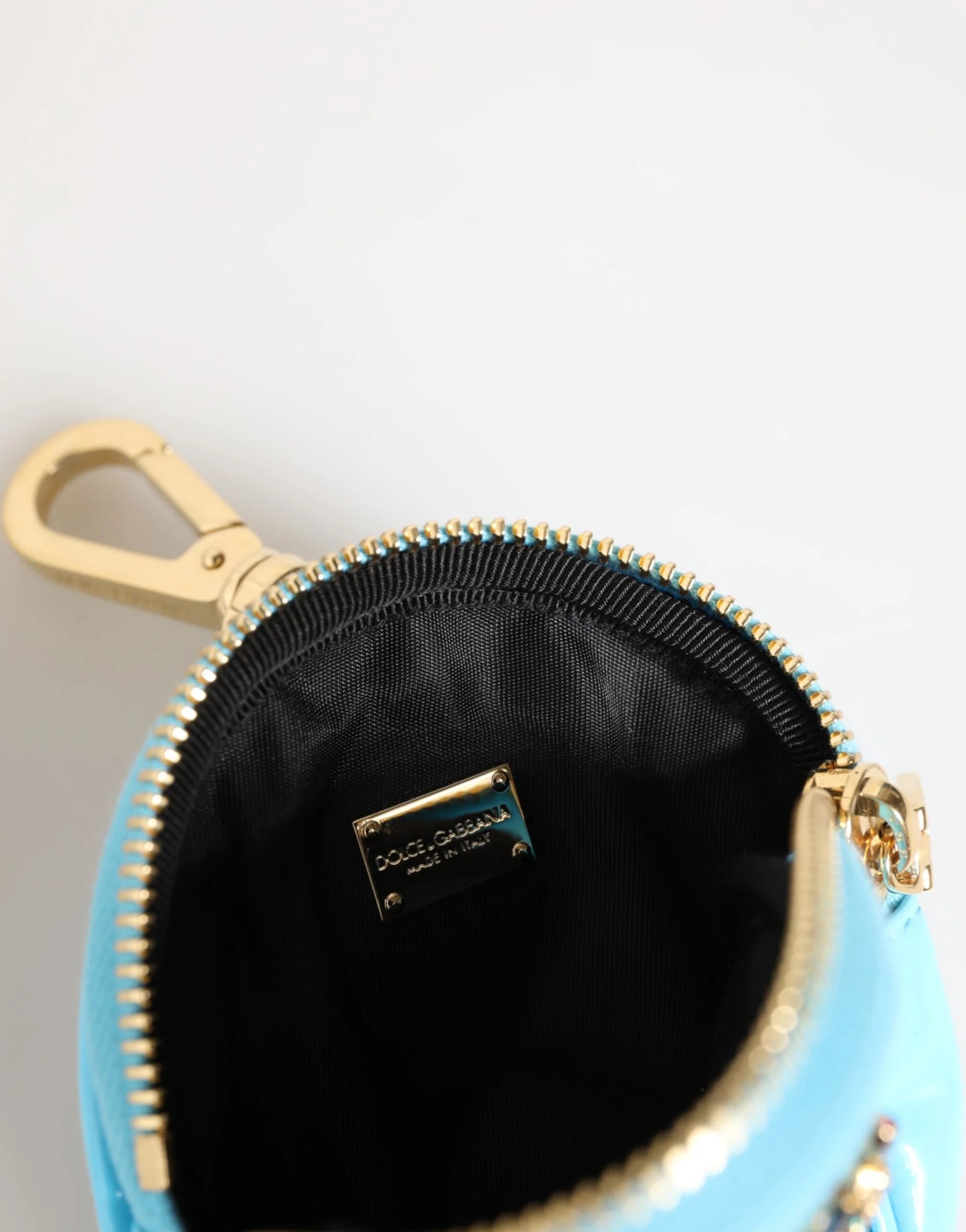 Dolce & Gabbana Azure Blue Leather Round Coin Purse Keychain Crystal Logo Wallet - Coin Purses