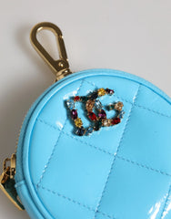 Dolce & Gabbana Azure Blue Leather Round Coin Purse Keychain Crystal Logo Wallet - Coin Purses