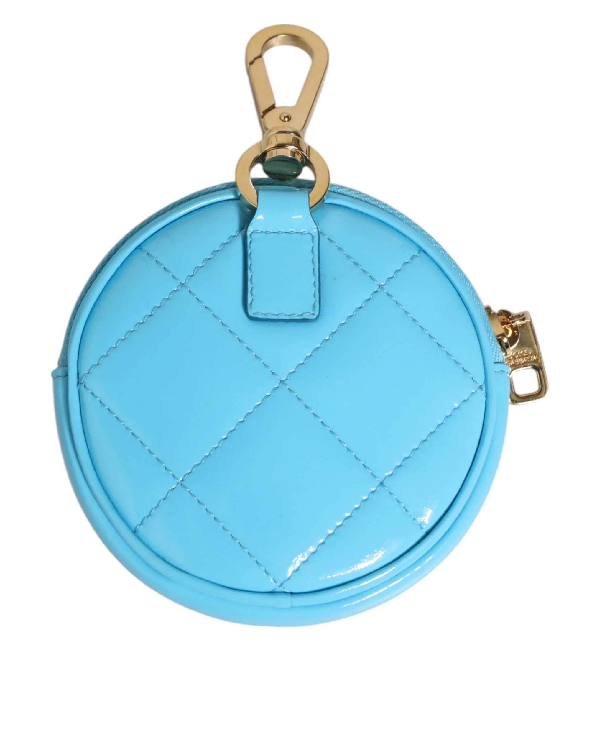 Dolce & Gabbana Azure Blue Leather Round Coin Purse Keychain Crystal Logo Wallet - Coin Purses