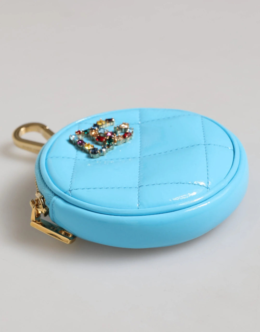 Dolce & Gabbana Azure Blue Leather Round Coin Purse Keychain Crystal Logo Wallet - Coin Purses