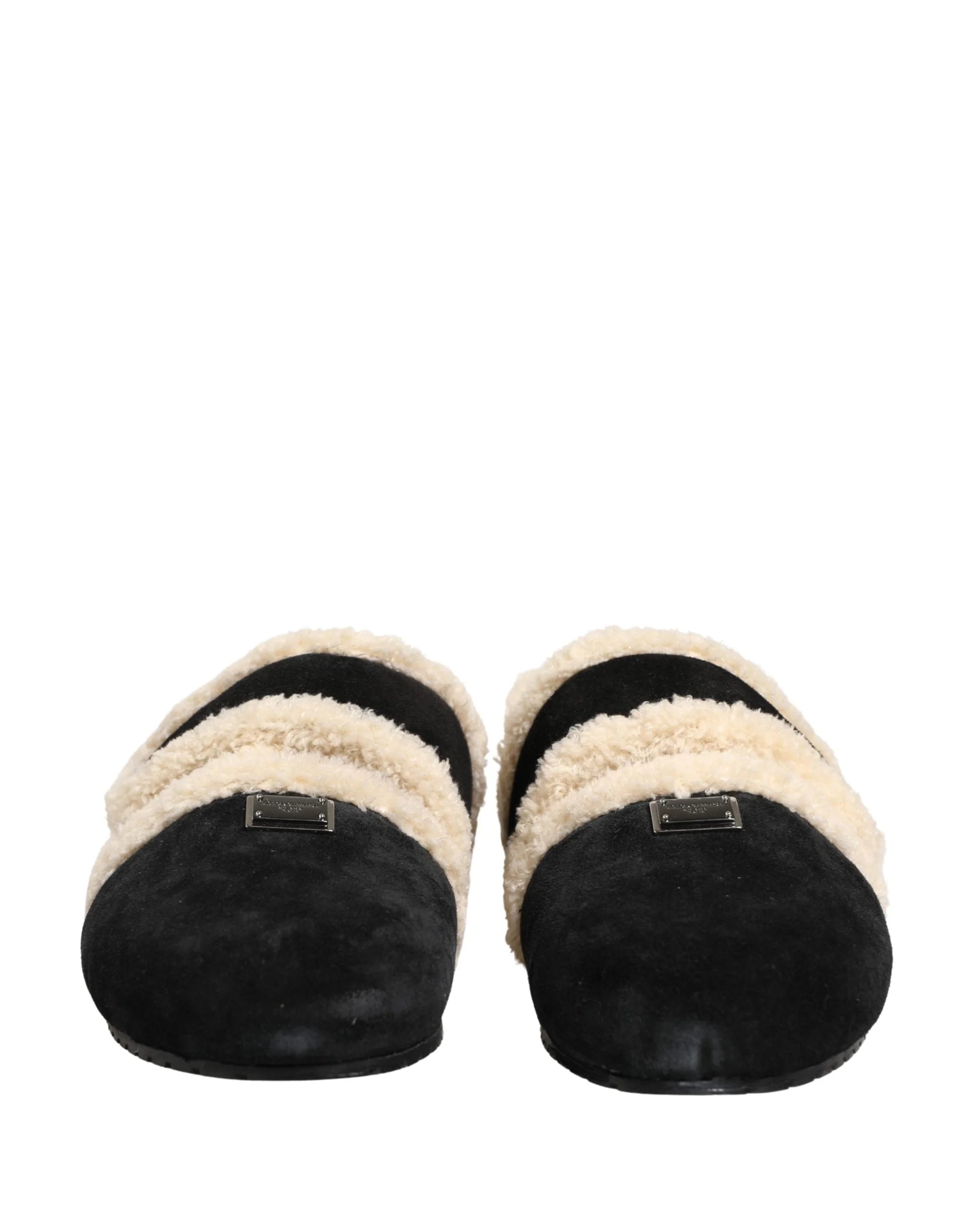 Dolce & Gabbana Beige Black Faux Fur Flats Men Sandals Shoes - EU44/US11