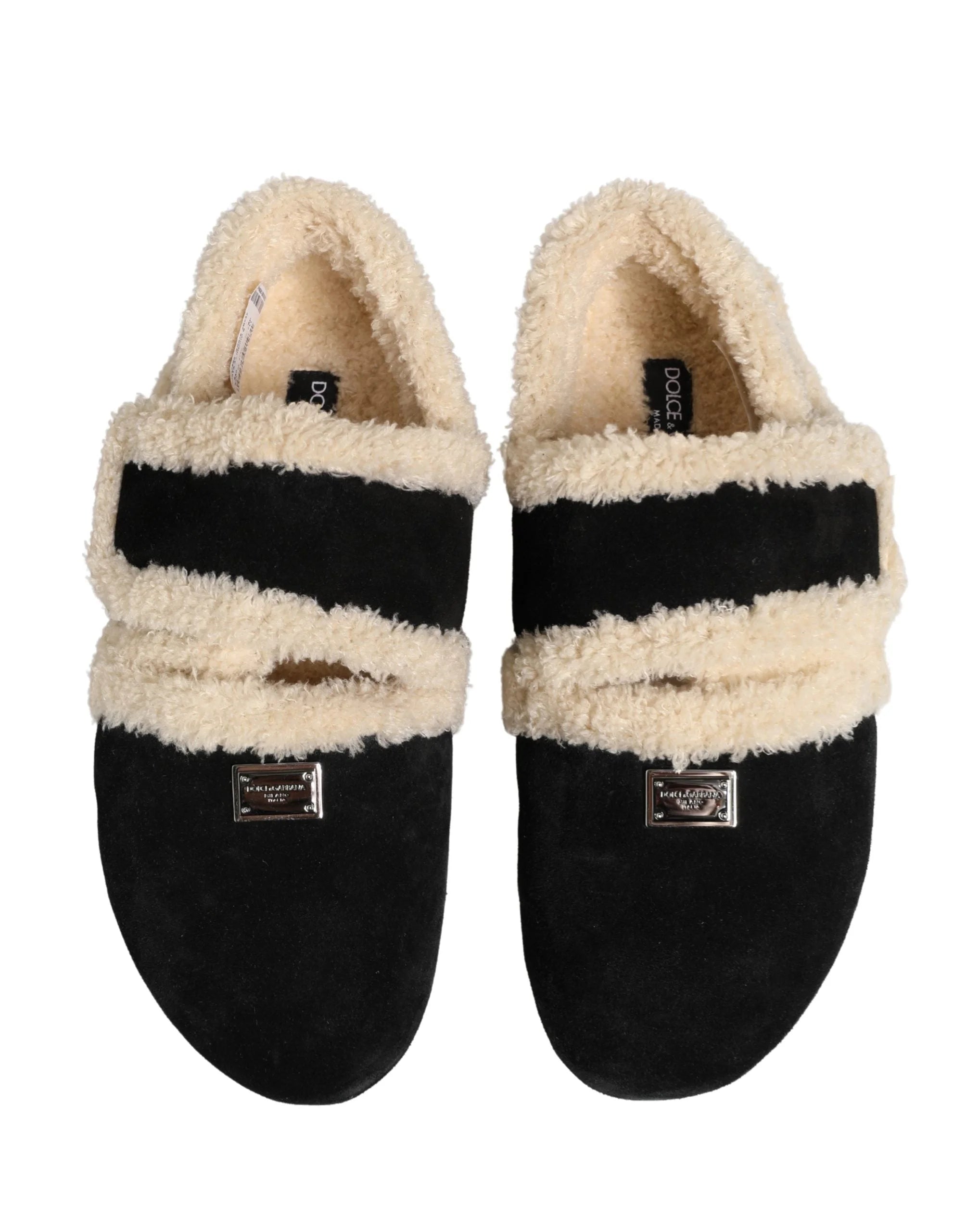 Dolce & Gabbana Beige Black Faux Fur Flats Men Sandals Shoes - EU44/US11