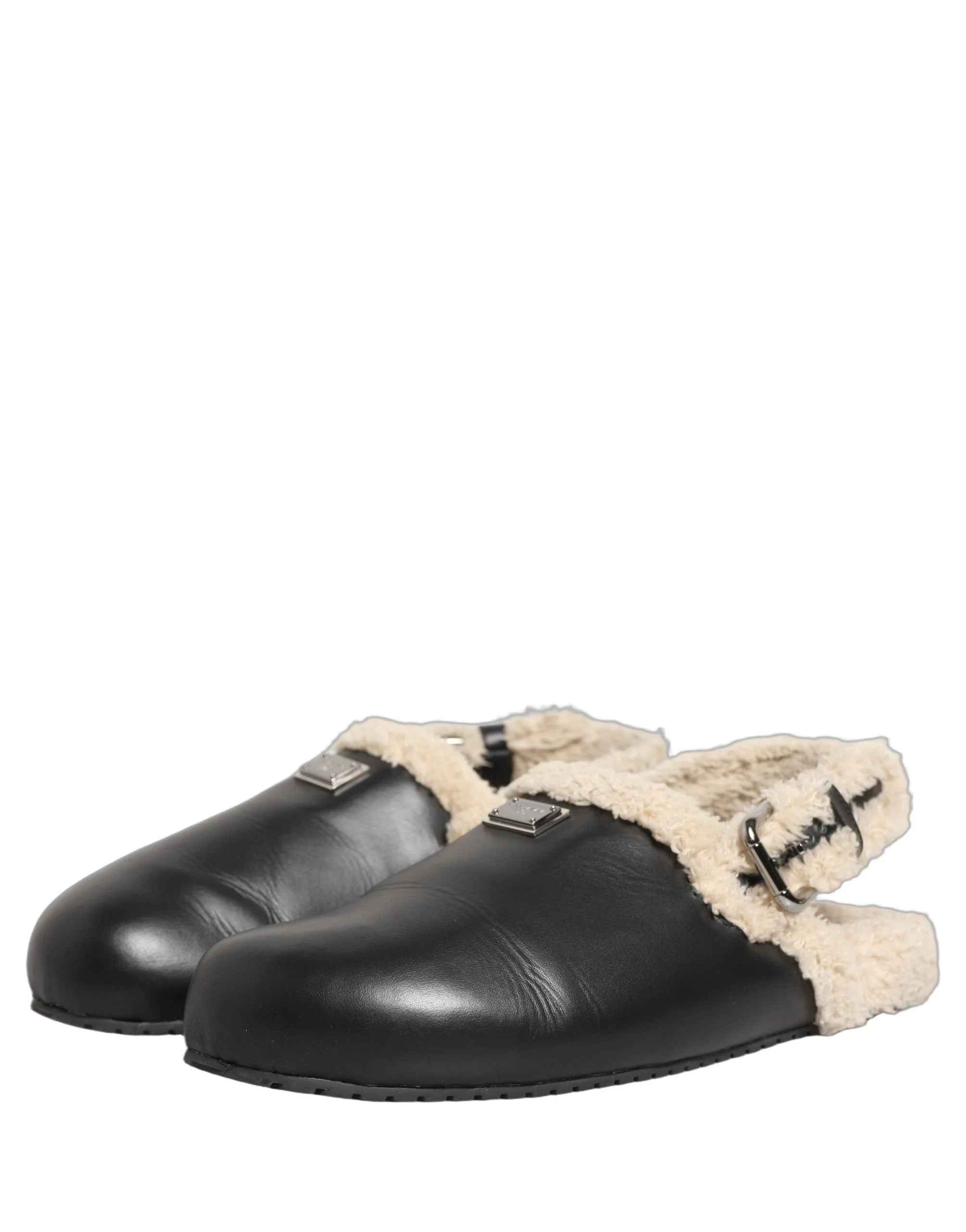 Dolce & Gabbana Beige Black Fur Shearling Slides Sandals Shoes - EU43/US10