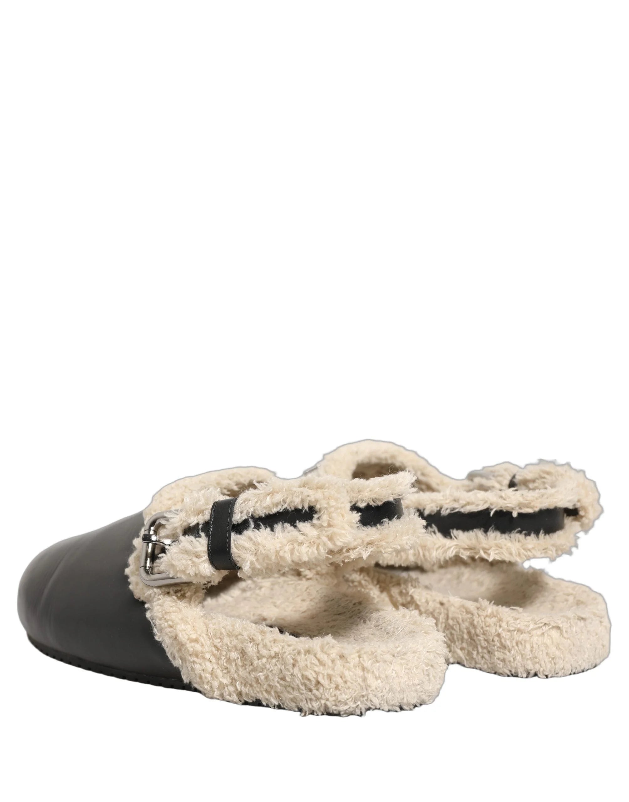 Dolce & Gabbana Beige Black Fur Shearling Slides Sandals Shoes - EU43/US10