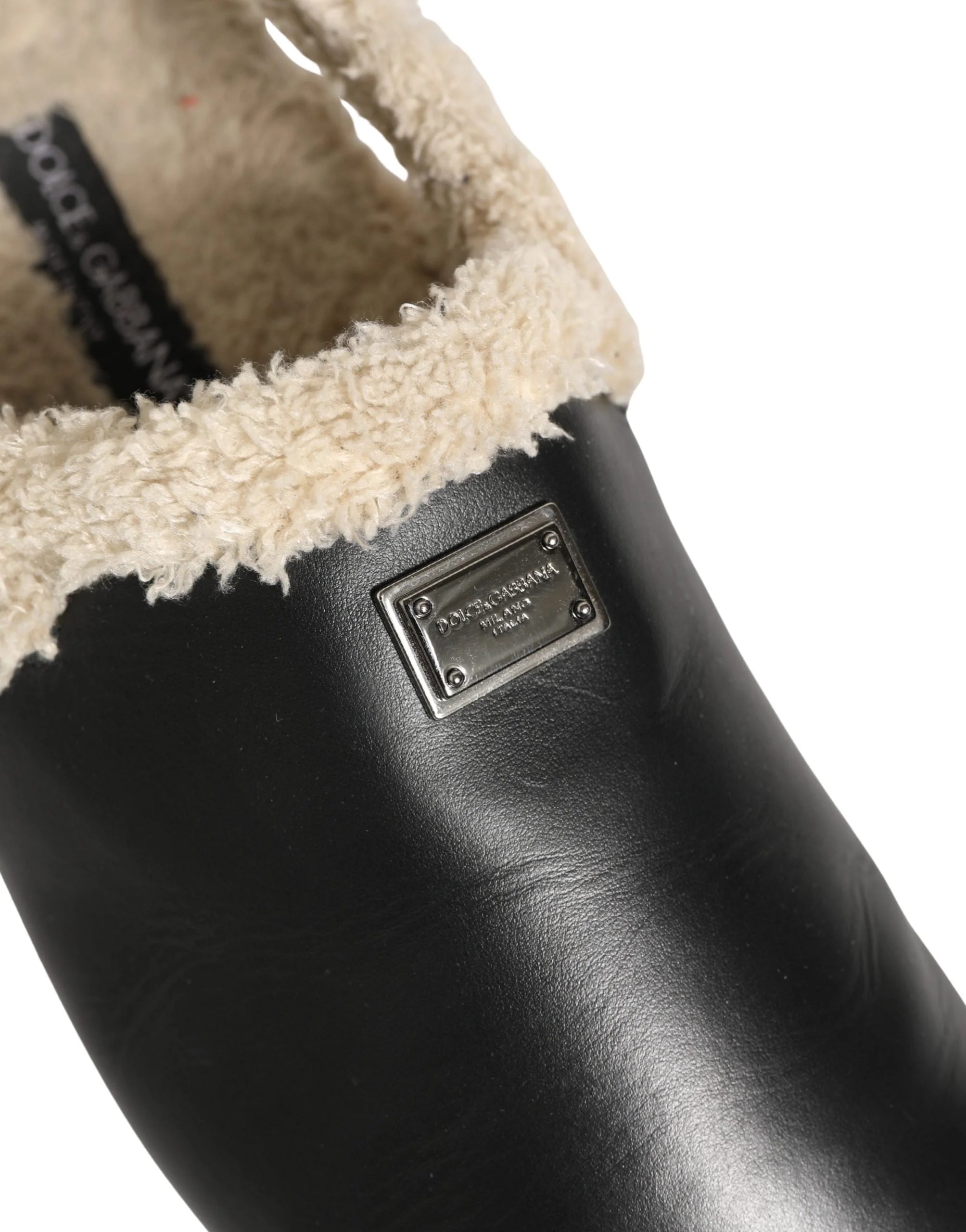 Dolce & Gabbana Beige Black Fur Shearling Slides Sandals Shoes - EU43/US10