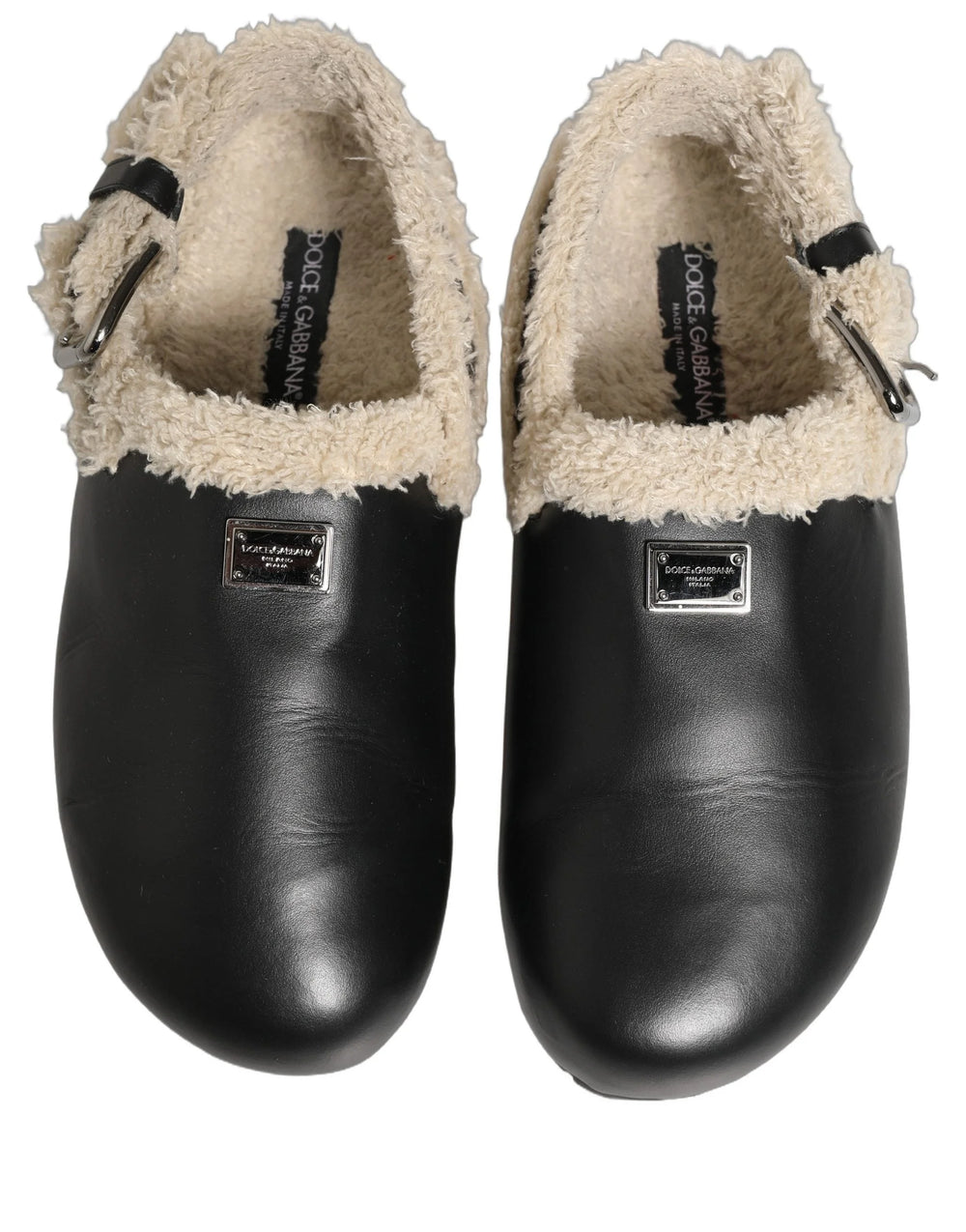 Dolce & Gabbana Beige Black Fur Shearling Slides Sandals Shoes - EU43/US10