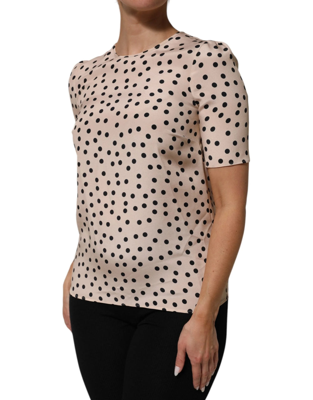 Dolce & Gabbana Beige Black Polka Dot Silk Short Sleeve Blouse Top - IT40|S - Blouses