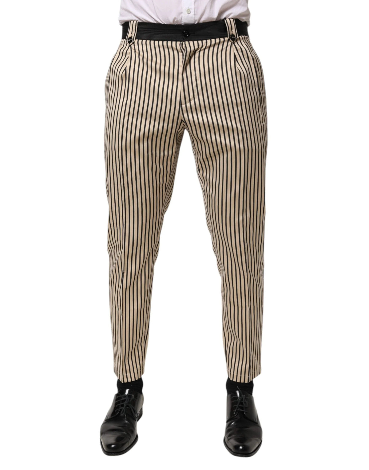 Dolce & Gabbana Beige Black Striped Cotton Slim Fit Trousers Pants - IT46 | S - Trousers