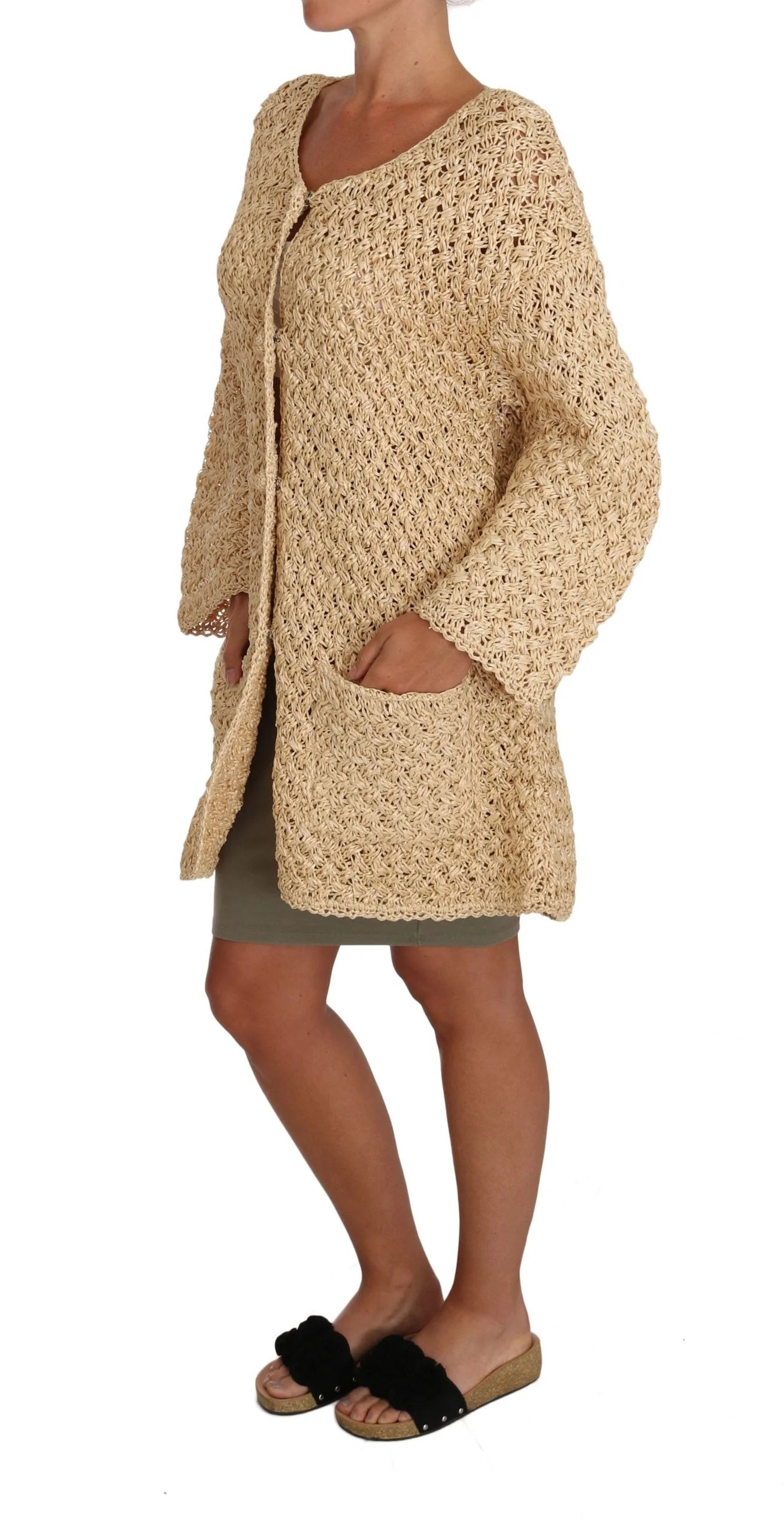 Dolce & Gabbana Beige Cardigan Crochet Knitted Raffia Sweater - IT40|S - Cardigans