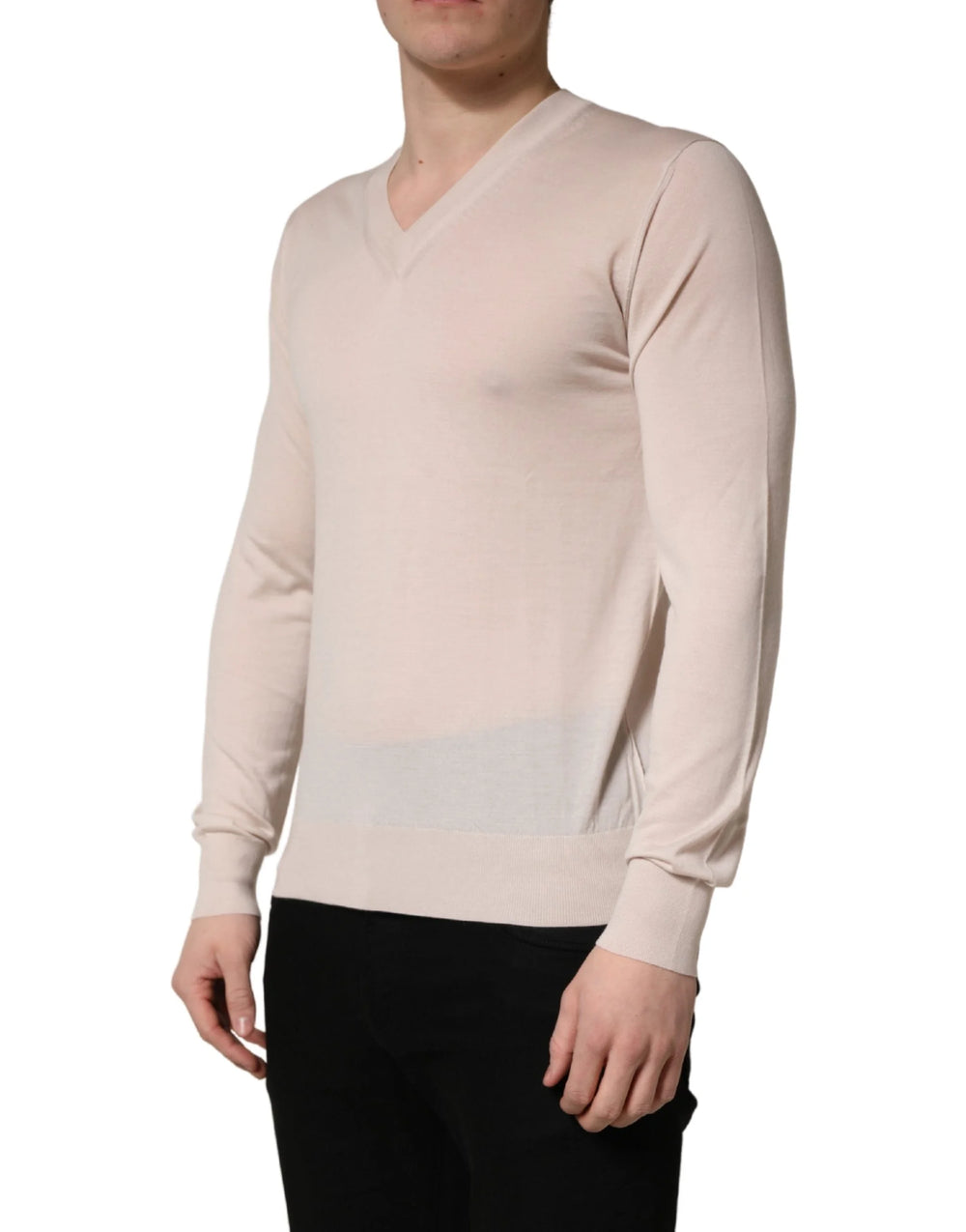 Dolce & Gabbana Beige Cashmere V-neck Men Pullover Sweater - IT46 | S