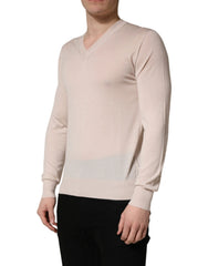 Dolce & Gabbana Beige Cashmere V-neck Men Pullover Sweater - IT46 | S
