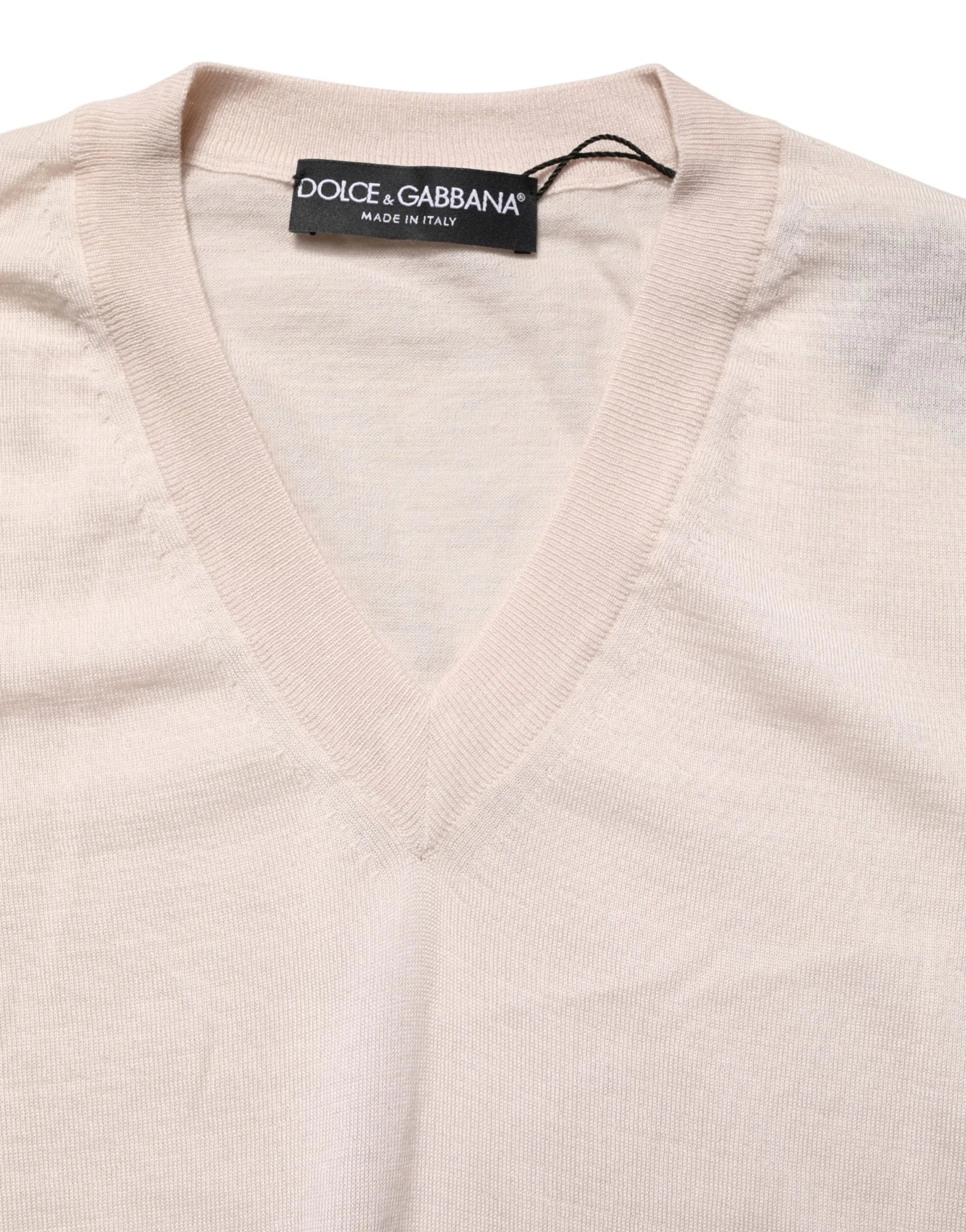 Dolce & Gabbana Beige Cashmere V-neck Men Pullover Sweater - IT46 | S