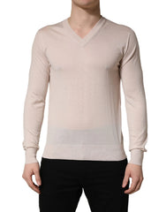 Dolce & Gabbana Beige Cashmere V-neck Men Pullover Sweater - IT46 | S