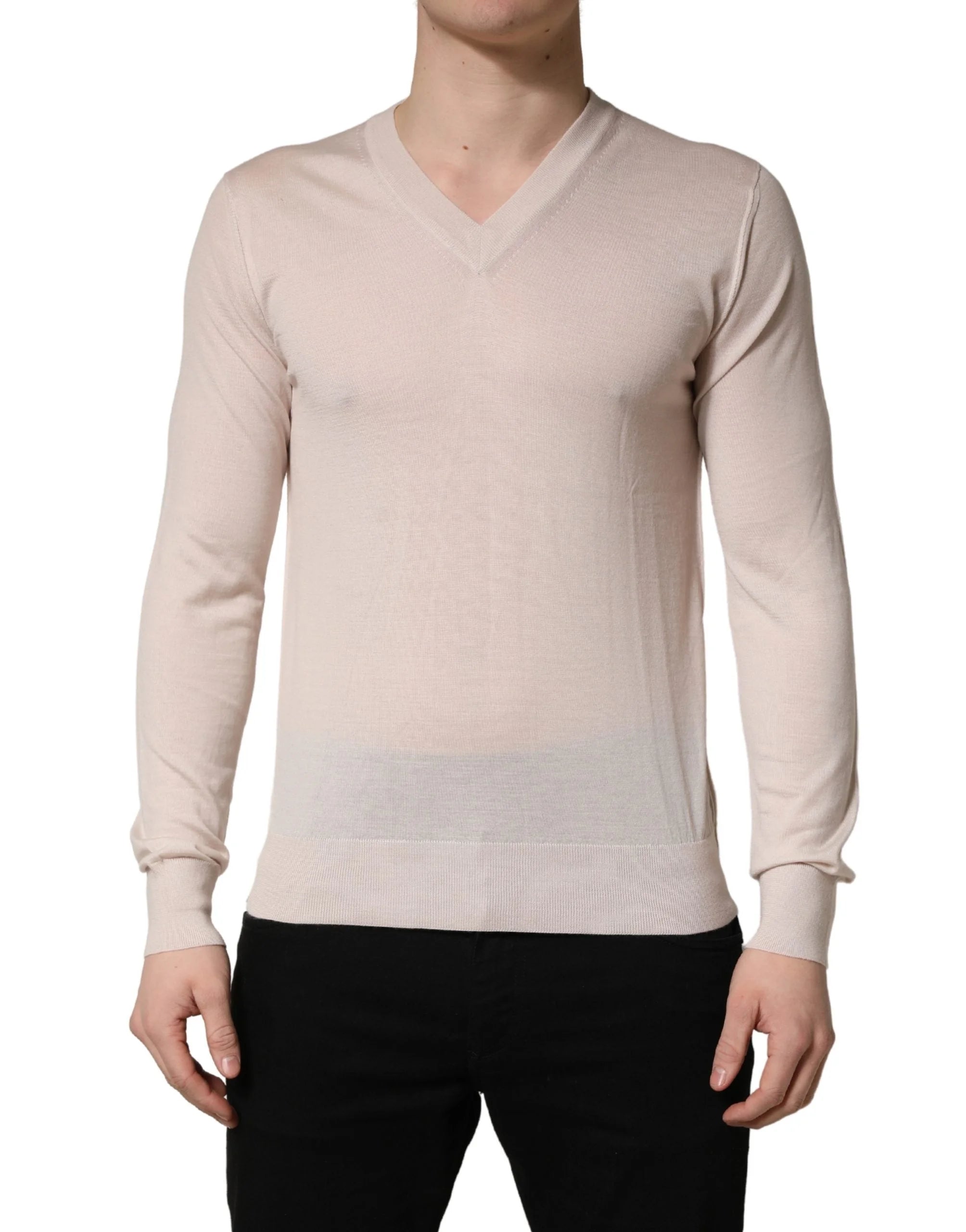 Dolce & Gabbana Beige Cashmere V-neck Men Pullover Sweater - IT46 | S