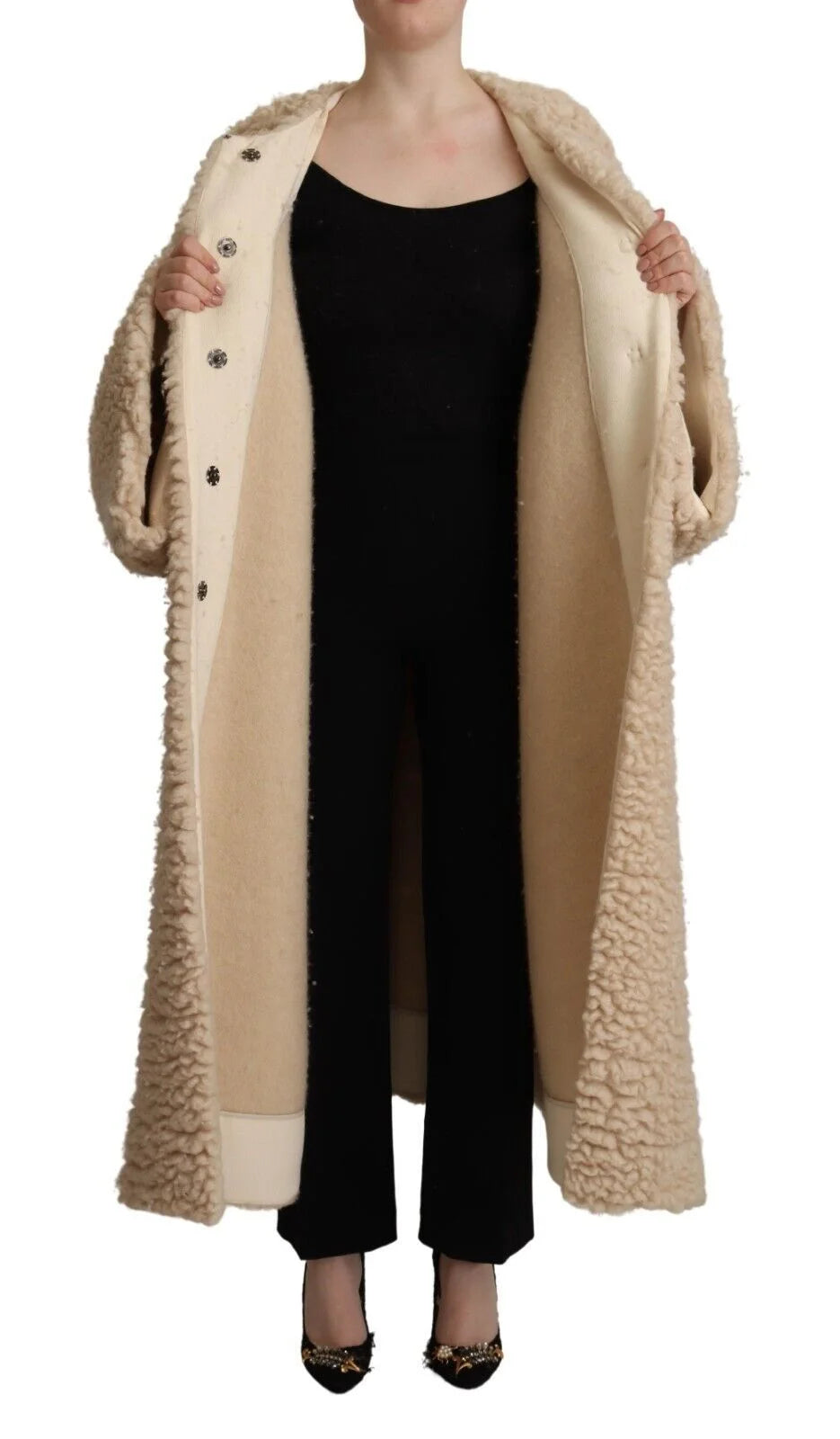 Dolce & Gabbana Beige Cashmere Wool Faux Fur Coat Jacket - IT40|S - Wrap Coats