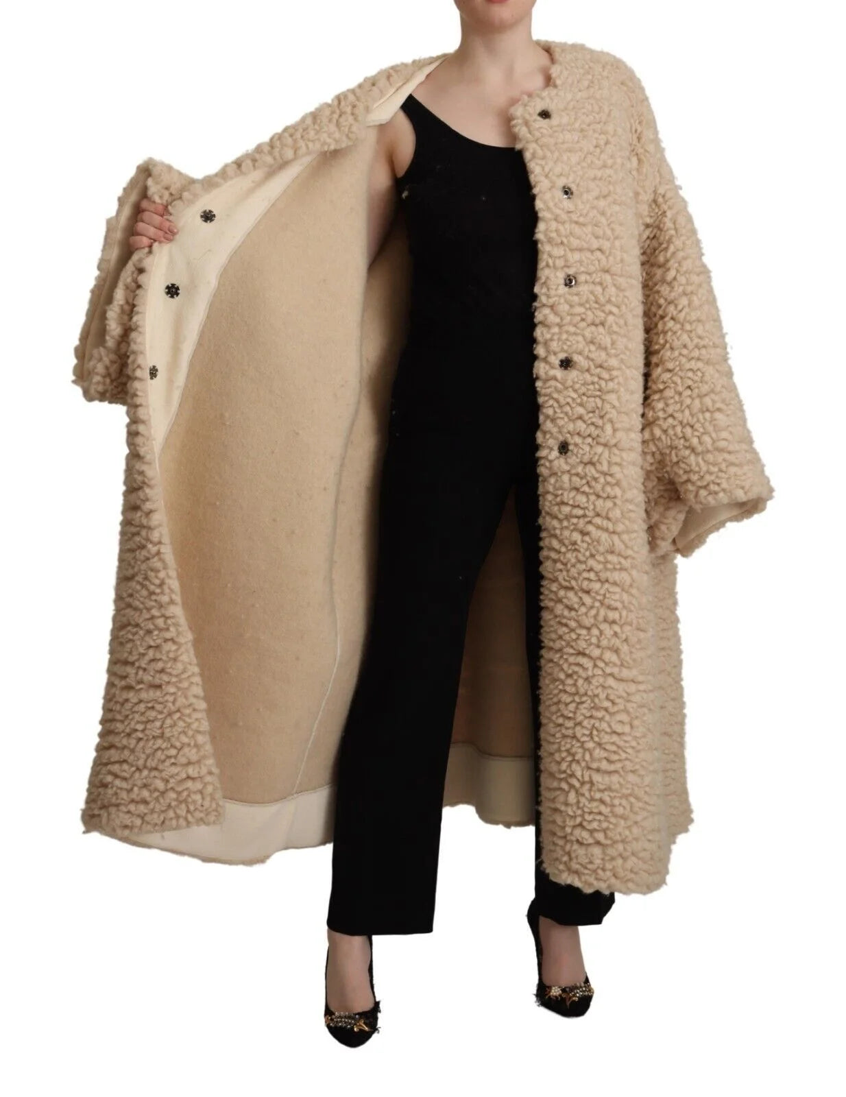 Dolce & Gabbana Beige Cashmere Wool Faux Fur Coat Jacket - IT40|S - Wrap Coats