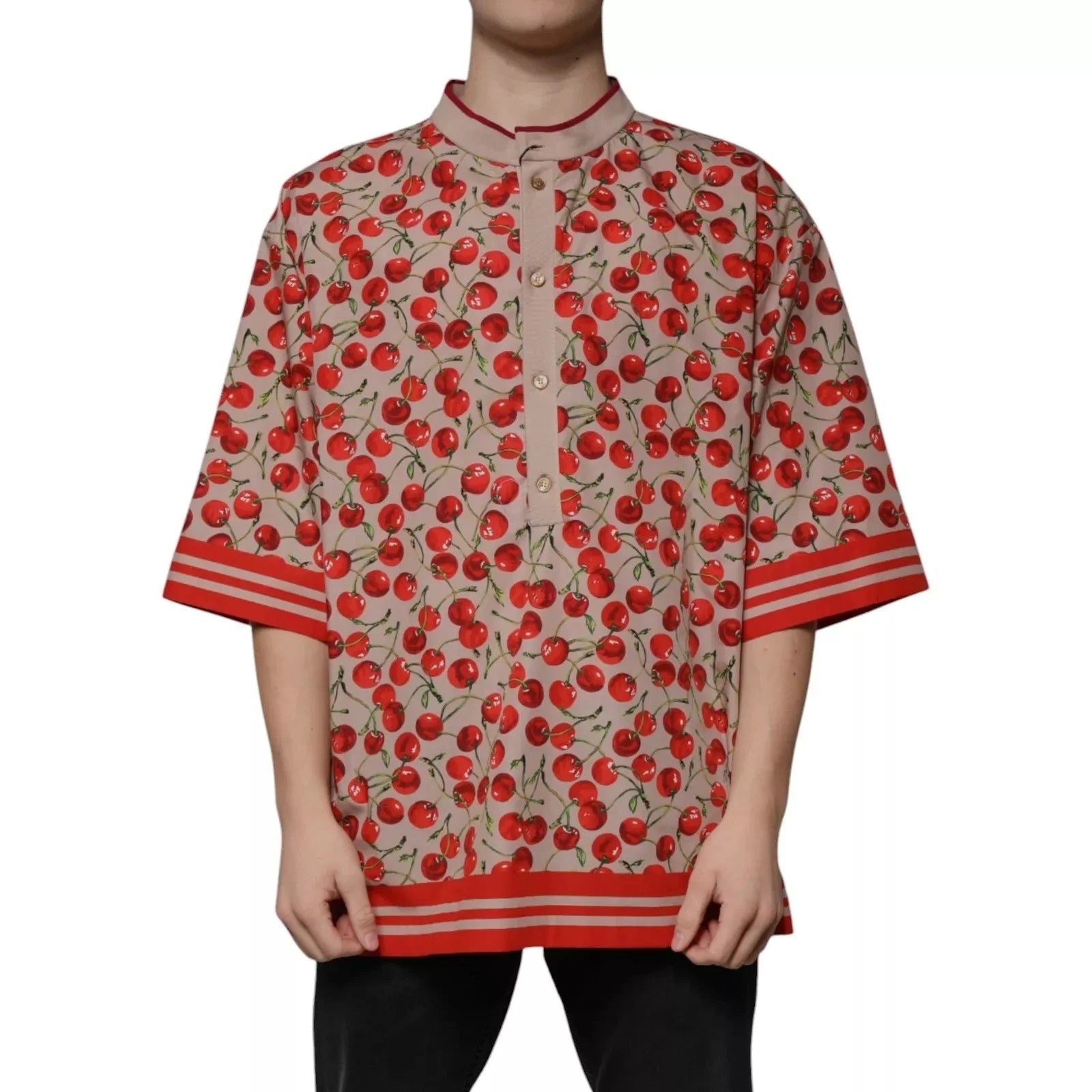 Dolce & Gabbana Beige Cherry Nylon Buttoned Casual Shirt - IT54 | XL