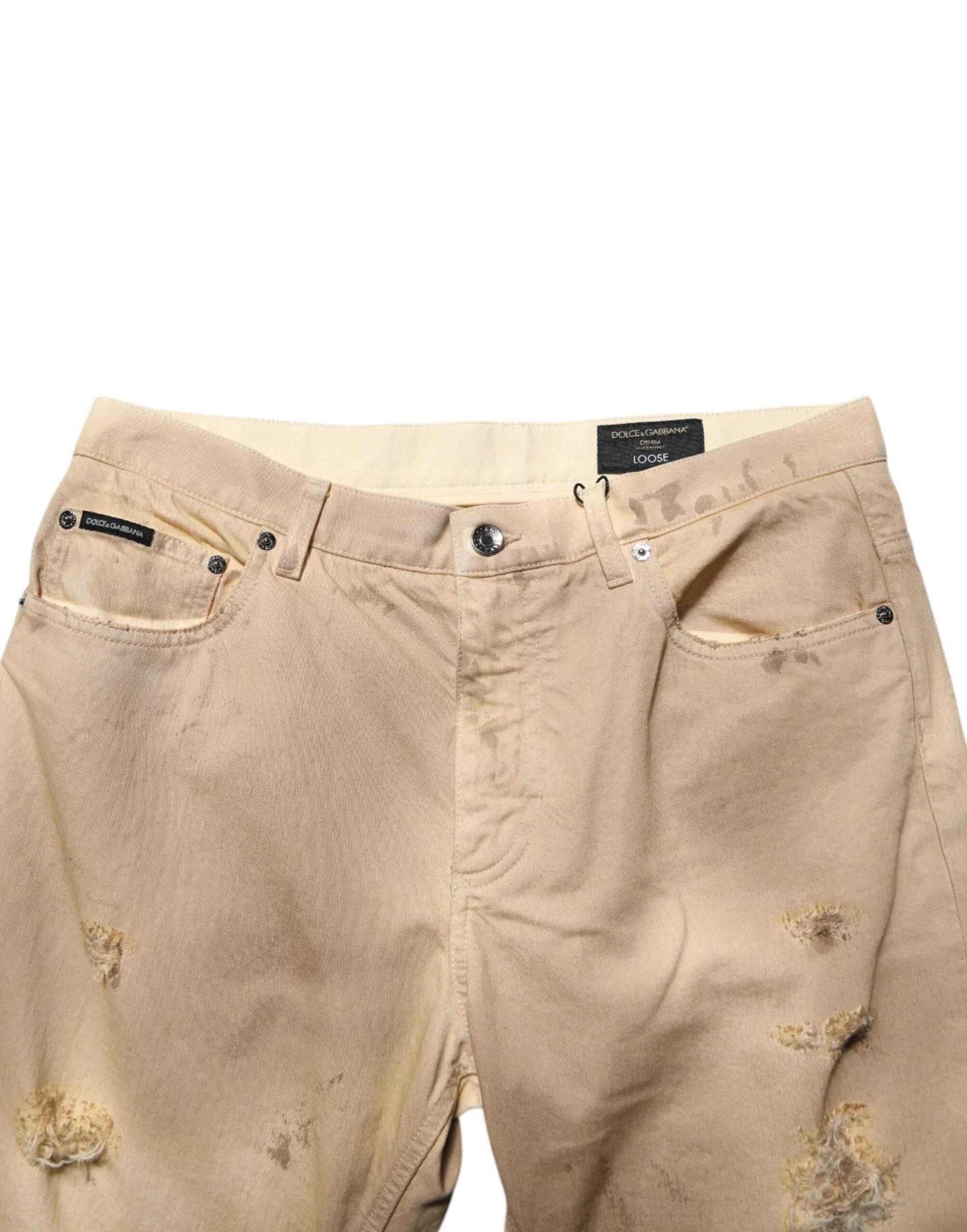 Dolce & Gabbana Beige Cotton Loose Tattered Men Denim Jeans - IT48 | M - Jeans