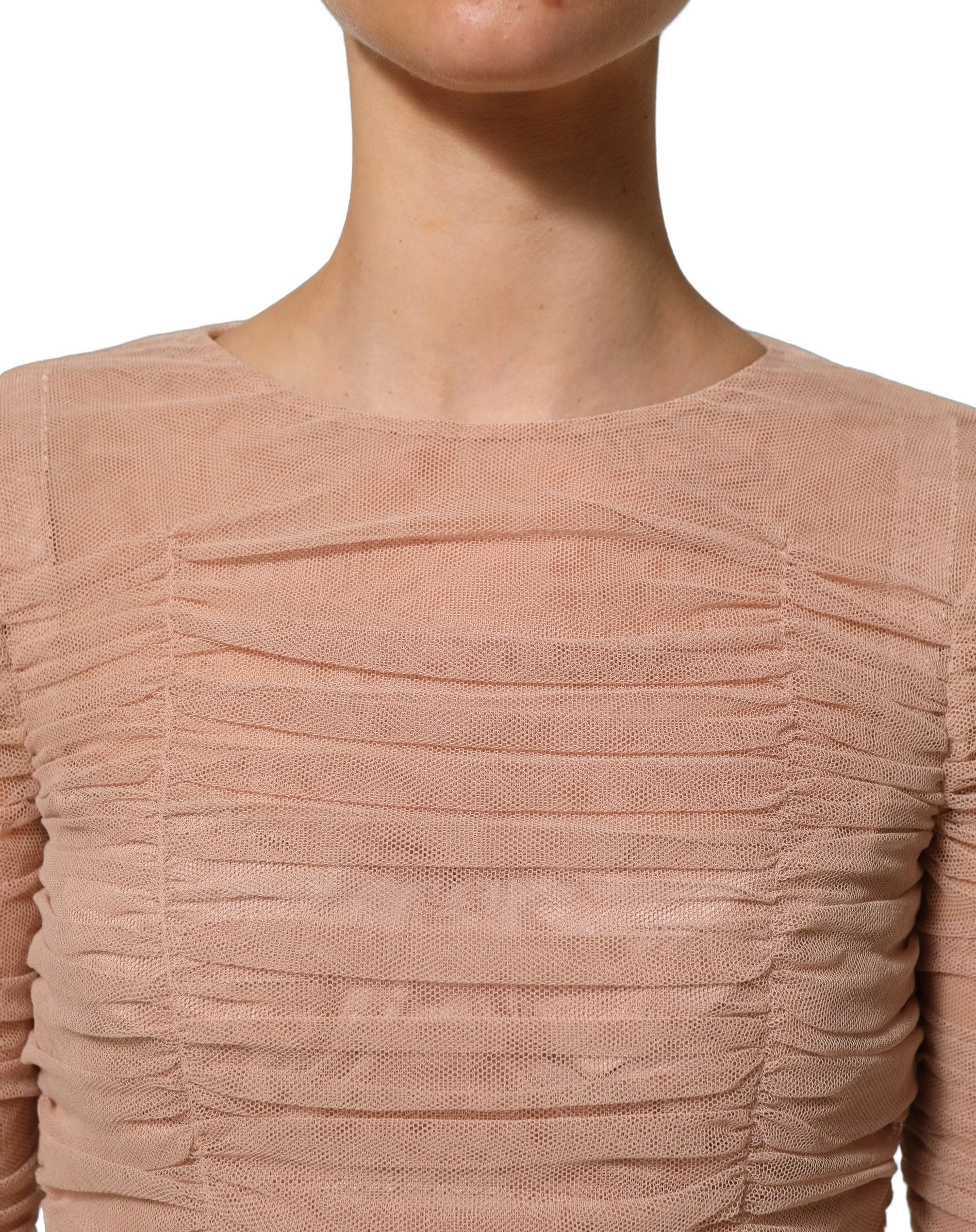 Dolce & Gabbana Beige Cotton Mesh Ruched Sheath Midi Dress
