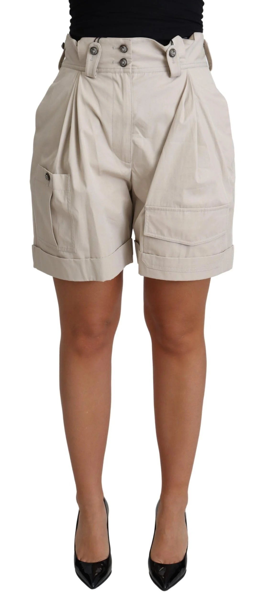 Dolce & Gabbana Beige Cotton Pleated High Waist Casual Shorts - Short Trousers