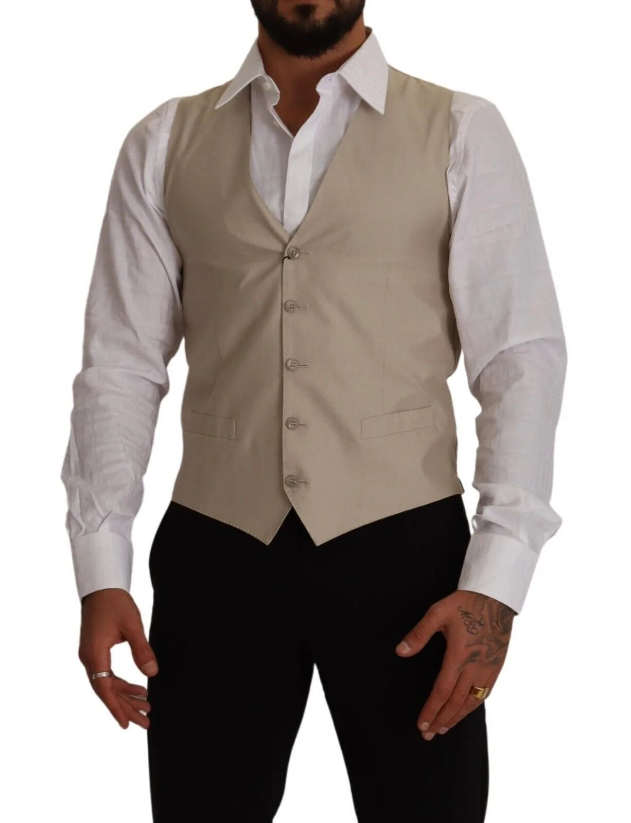 Dolce & Gabbana Beige Cotton Silk Slim Fit Waistcoat Vest - IT48 | M - Vests