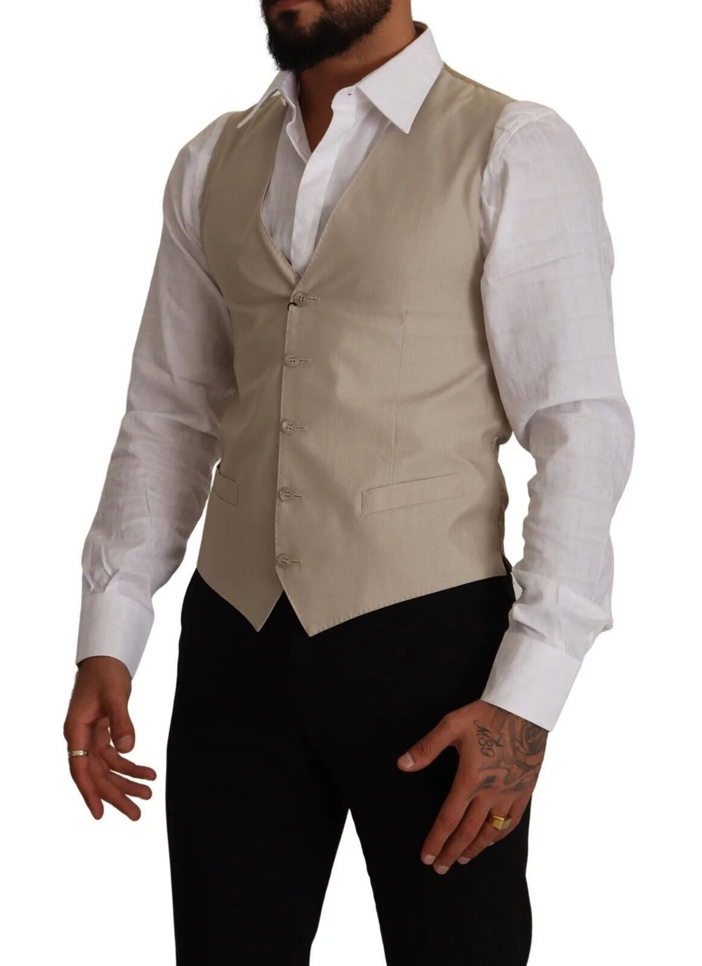 Dolce & Gabbana Beige Cotton Silk Slim Fit Waistcoat Vest - IT48 | M - Vests