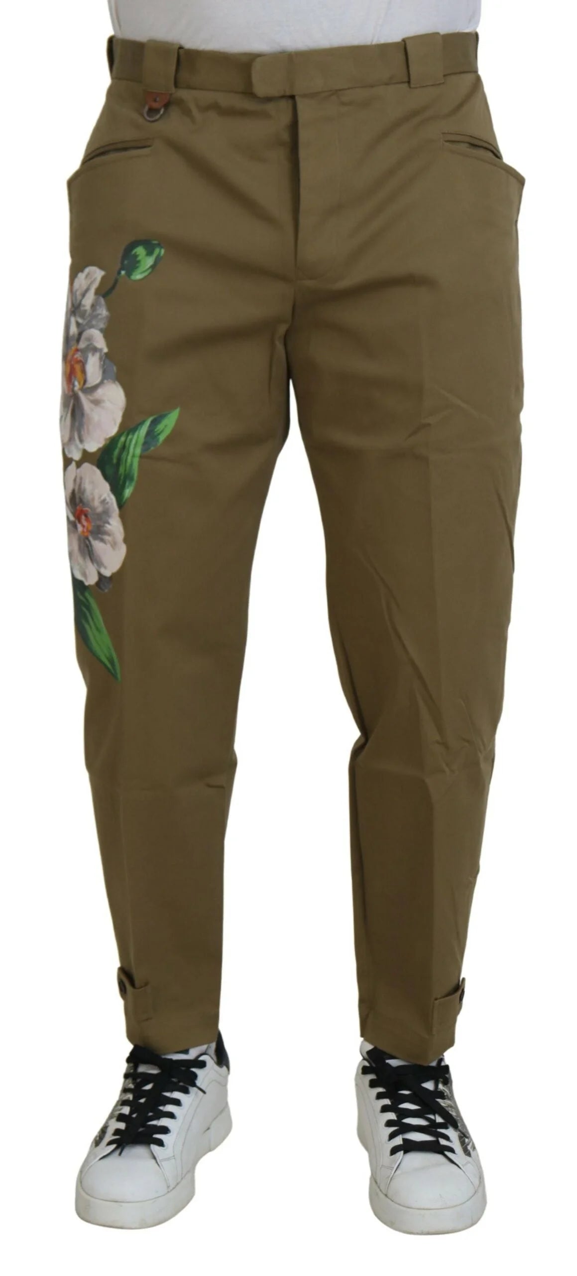 Dolce & Gabbana Beige Cotton Stretch Floral Chinos Pants - Chinos