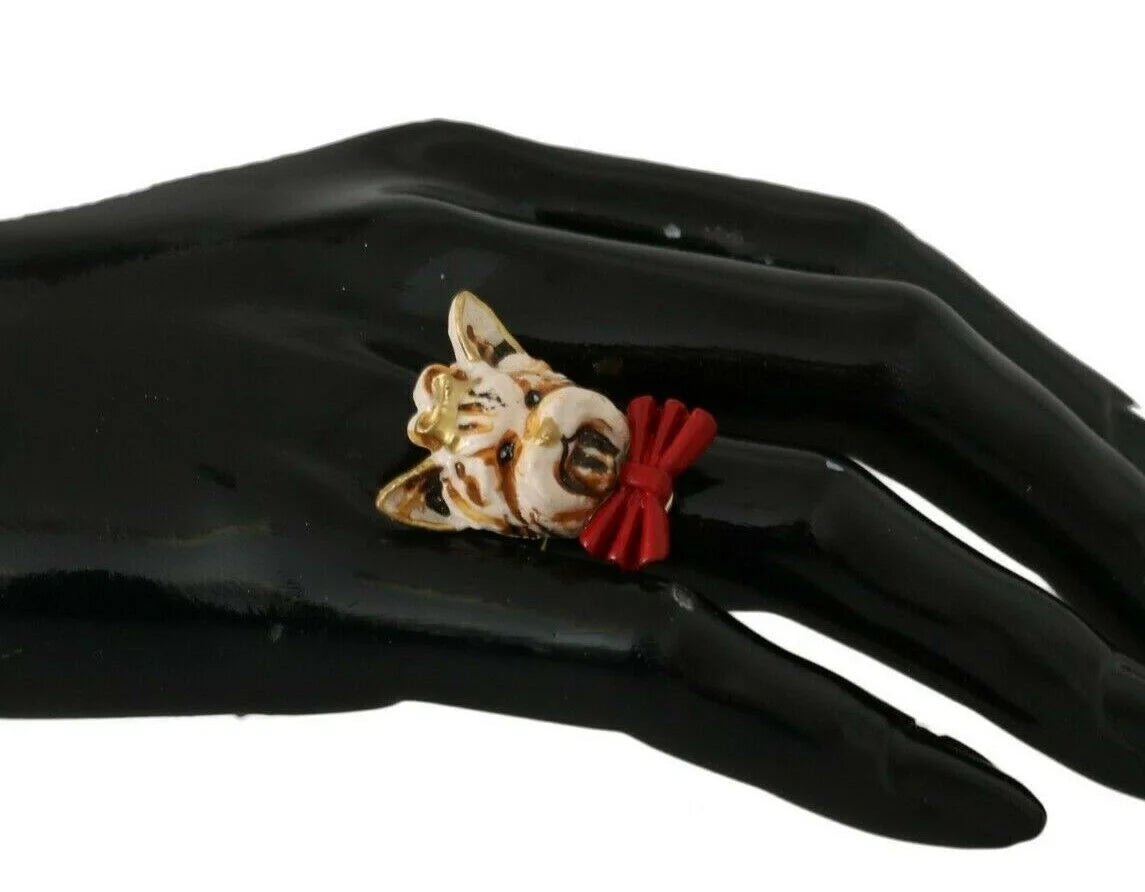 Dolce & Gabbana Beige Dog Pet Branded Accessory Gold Brass Resin Ring - EU54 | US7 - Rings