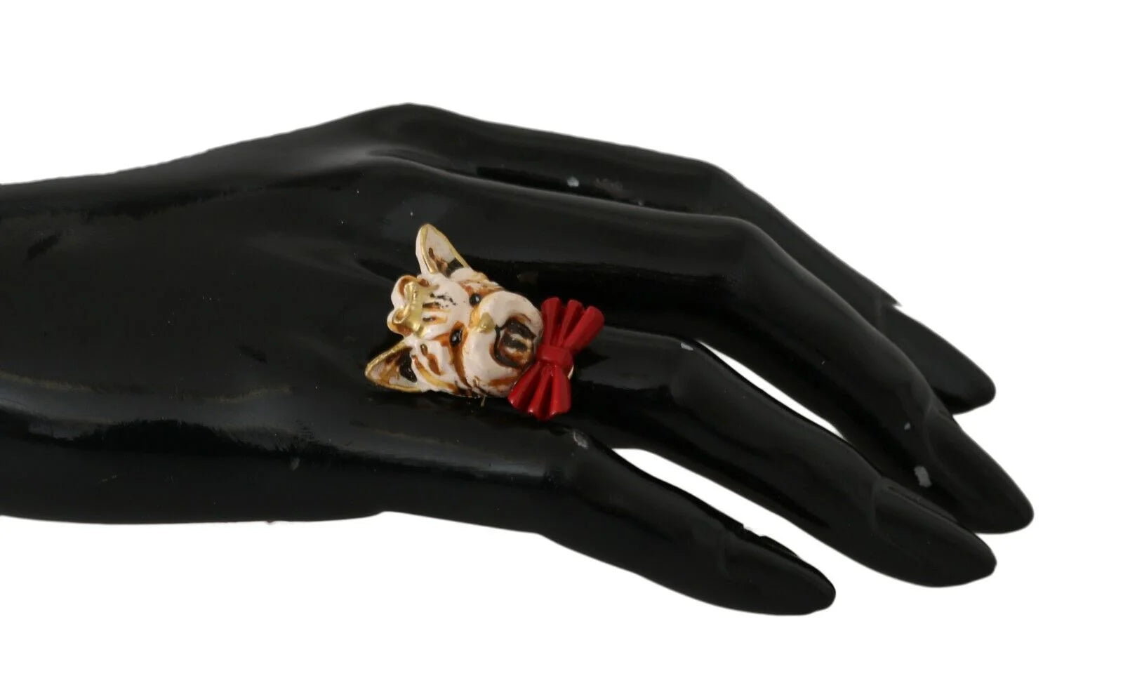 Dolce & Gabbana Beige Dog Pet Branded Accessory Gold Brass Resin Ring - EU54 | US7 - Rings