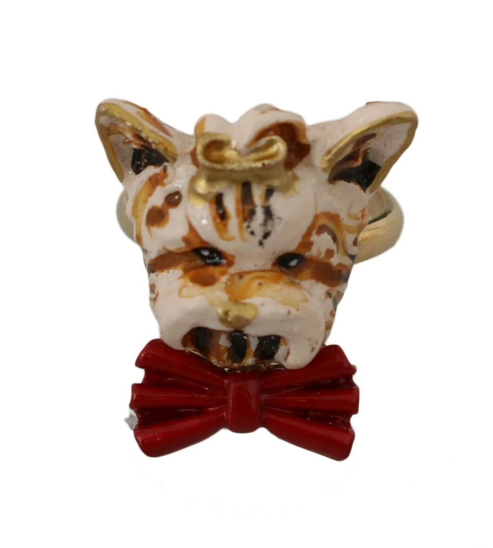 Dolce & Gabbana Beige Dog Pet Branded Accessory Gold Brass Resin Ring - EU54 | US7 - Rings