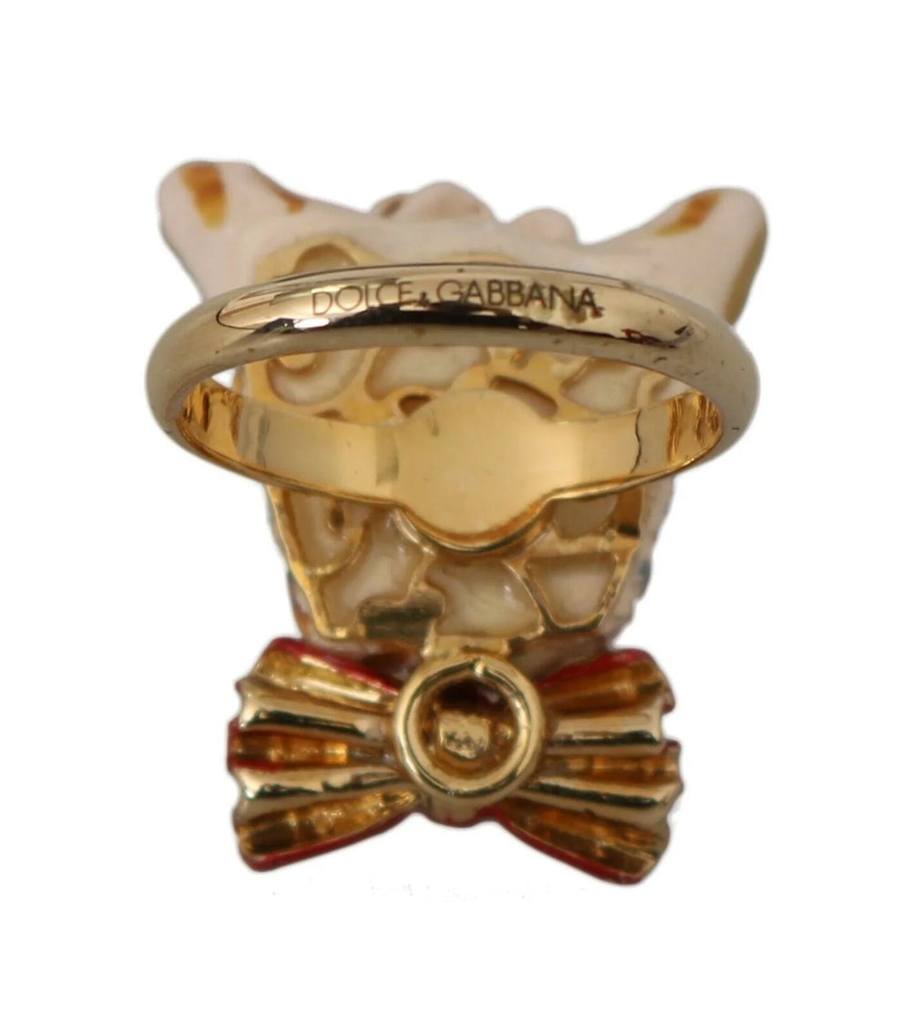 Dolce & Gabbana Beige Dog Pet Branded Accessory Gold Brass Resin Ring - EU54 | US7 - Rings