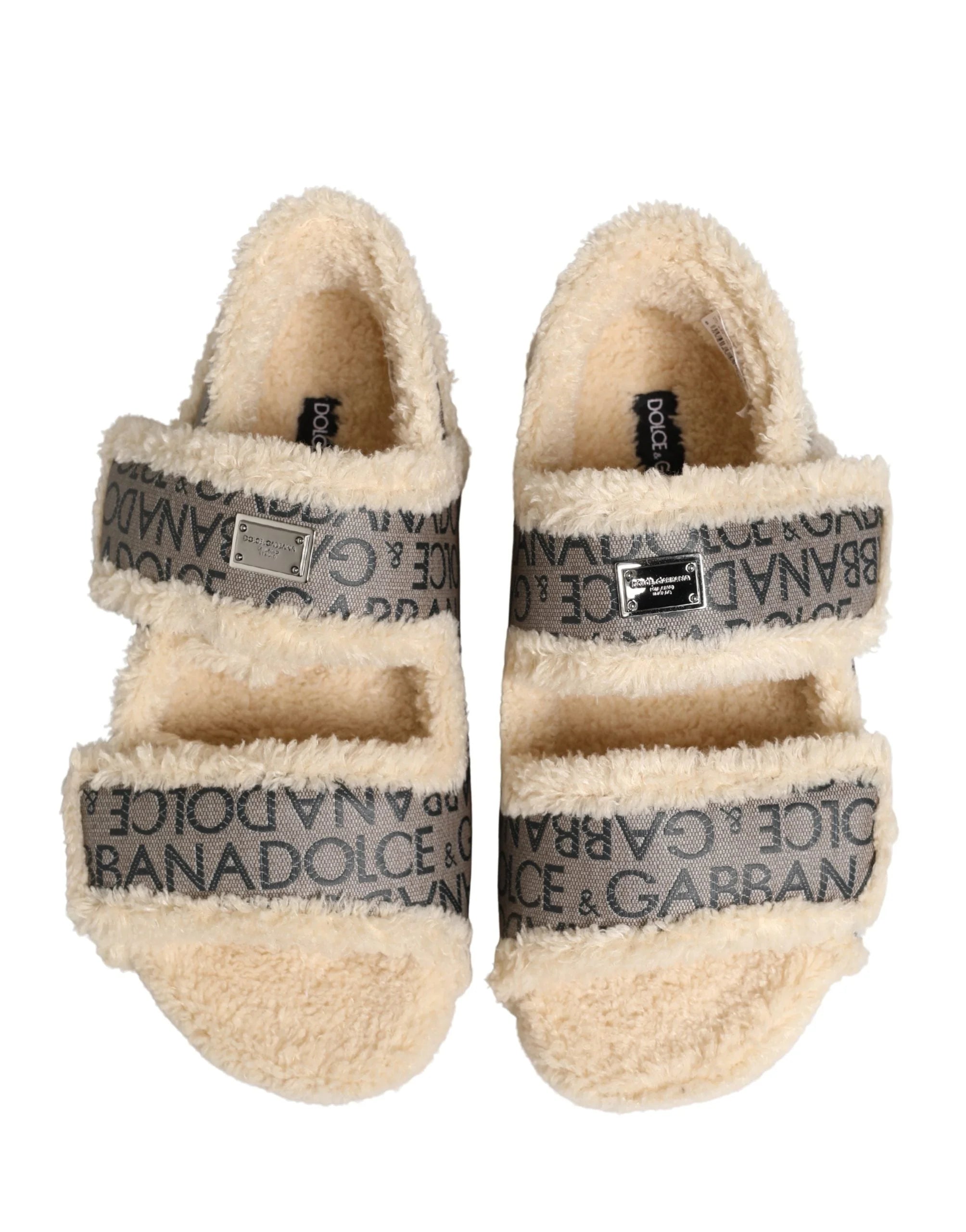 Dolce & Gabbana Beige Faux Fur Logo Print Flats Sandals Shoes - EU44/US11