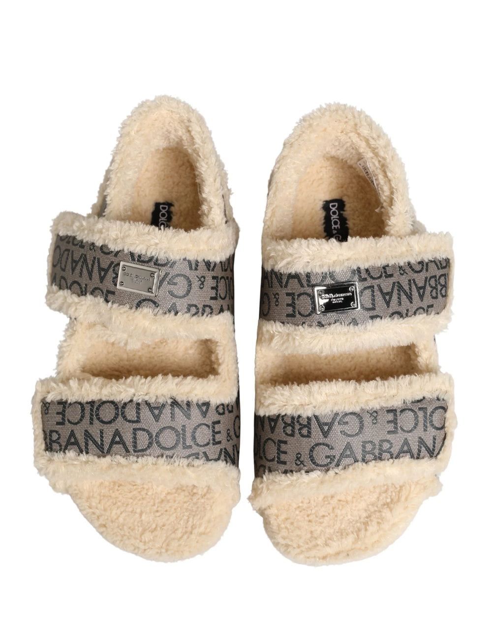 Dolce & Gabbana Beige Faux Fur Logo Print Flats Sandals Shoes - EU44/US11