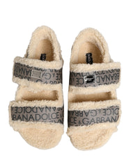 Dolce & Gabbana Beige Faux Fur Logo Print Flats Sandals Shoes - EU44/US11