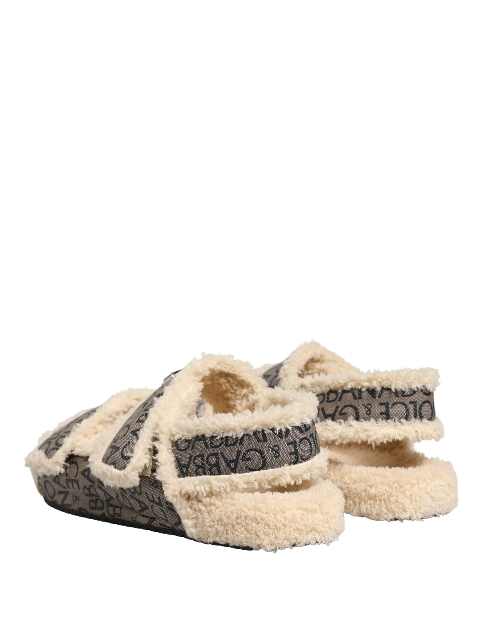Dolce & Gabbana Beige Faux Fur Logo Print Flats Sandals Shoes - EU44/US11