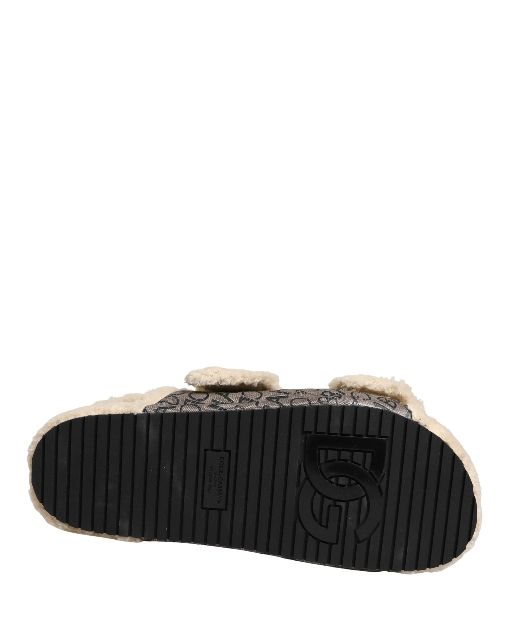 Dolce & Gabbana Beige Faux Fur Logo Print Flats Sandals Shoes - EU44/US11