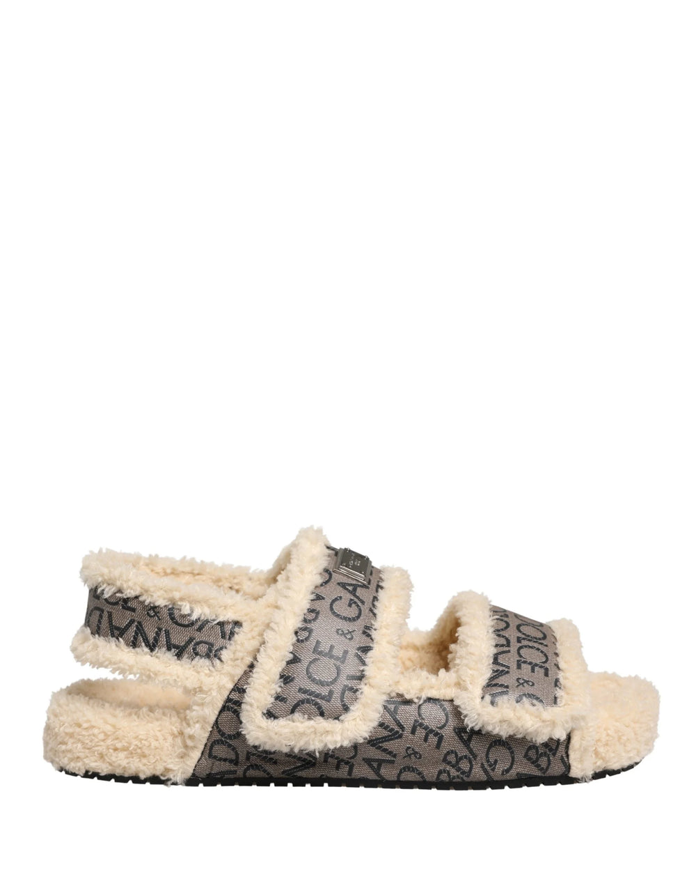 Dolce & Gabbana Beige Faux Fur Logo Print Flats Sandals Shoes - EU44/US11