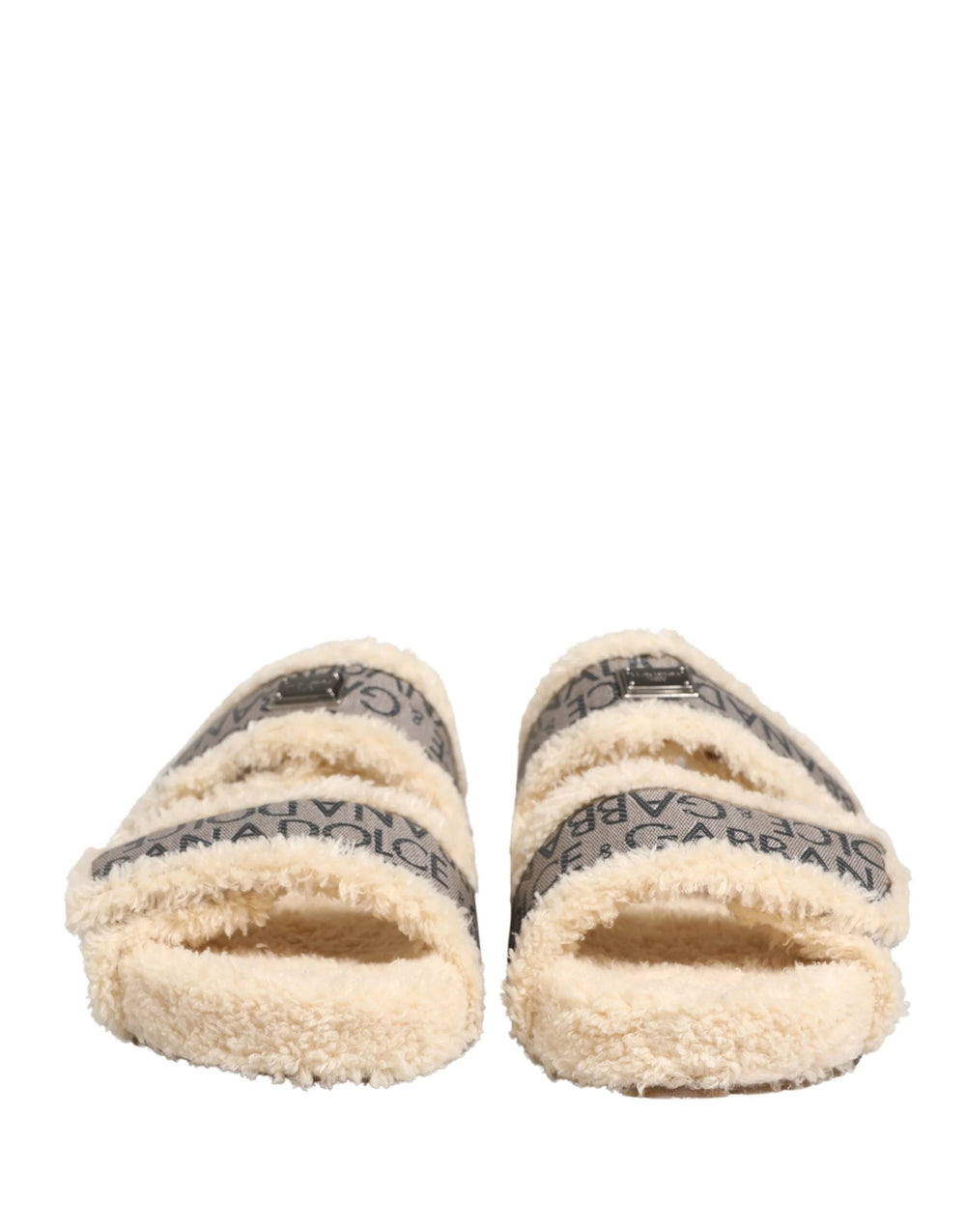 Dolce & Gabbana Beige Faux Fur Logo Print Flats Sandals Shoes - EU44/US11