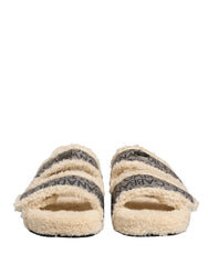 Dolce & Gabbana Beige Faux Fur Logo Print Flats Sandals Shoes - EU44/US11