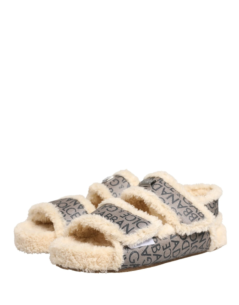 Dolce & Gabbana Beige Faux Fur Logo Print Flats Sandals Shoes - EU44/US11