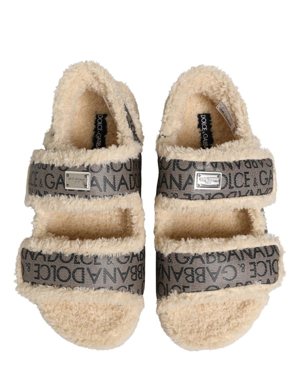 Dolce & Gabbana Beige Faux Fur Logo Print Flats Sandals Shoes - EU44/US11