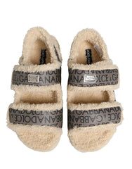 Dolce & Gabbana Beige Faux Fur Logo Print Flats Sandals Shoes - EU44/US11